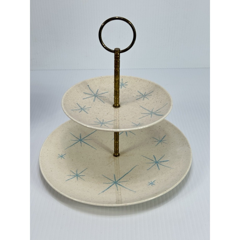 Royal China Celeste Atomic Starburst MCM Turquoise 2 Tier Dessert Tray Vintage